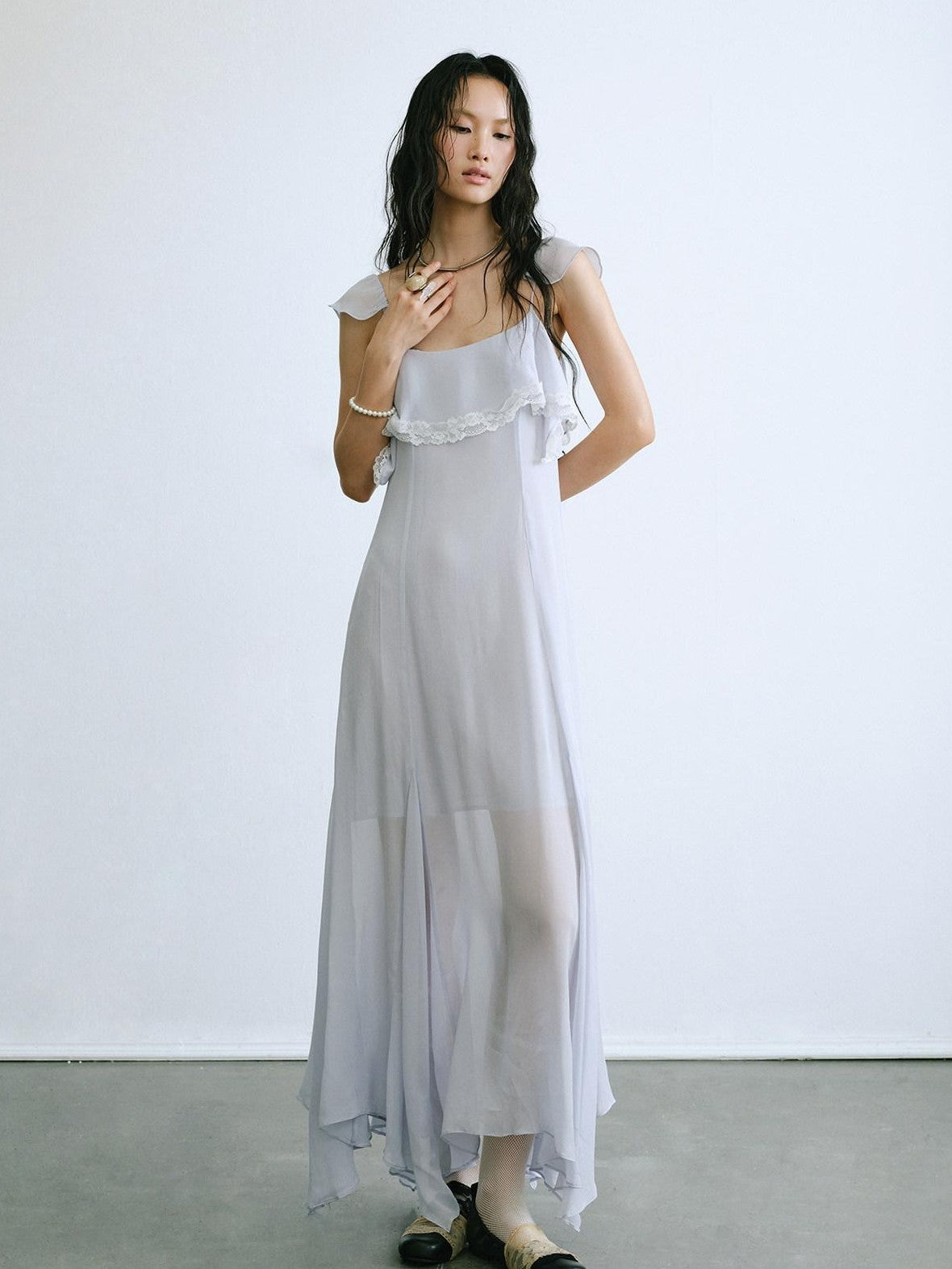 ENDO PER SE Lace Flutter Sleeve Ruffle Asymmetrical Women's Cellulose Slip Maxi Dresses