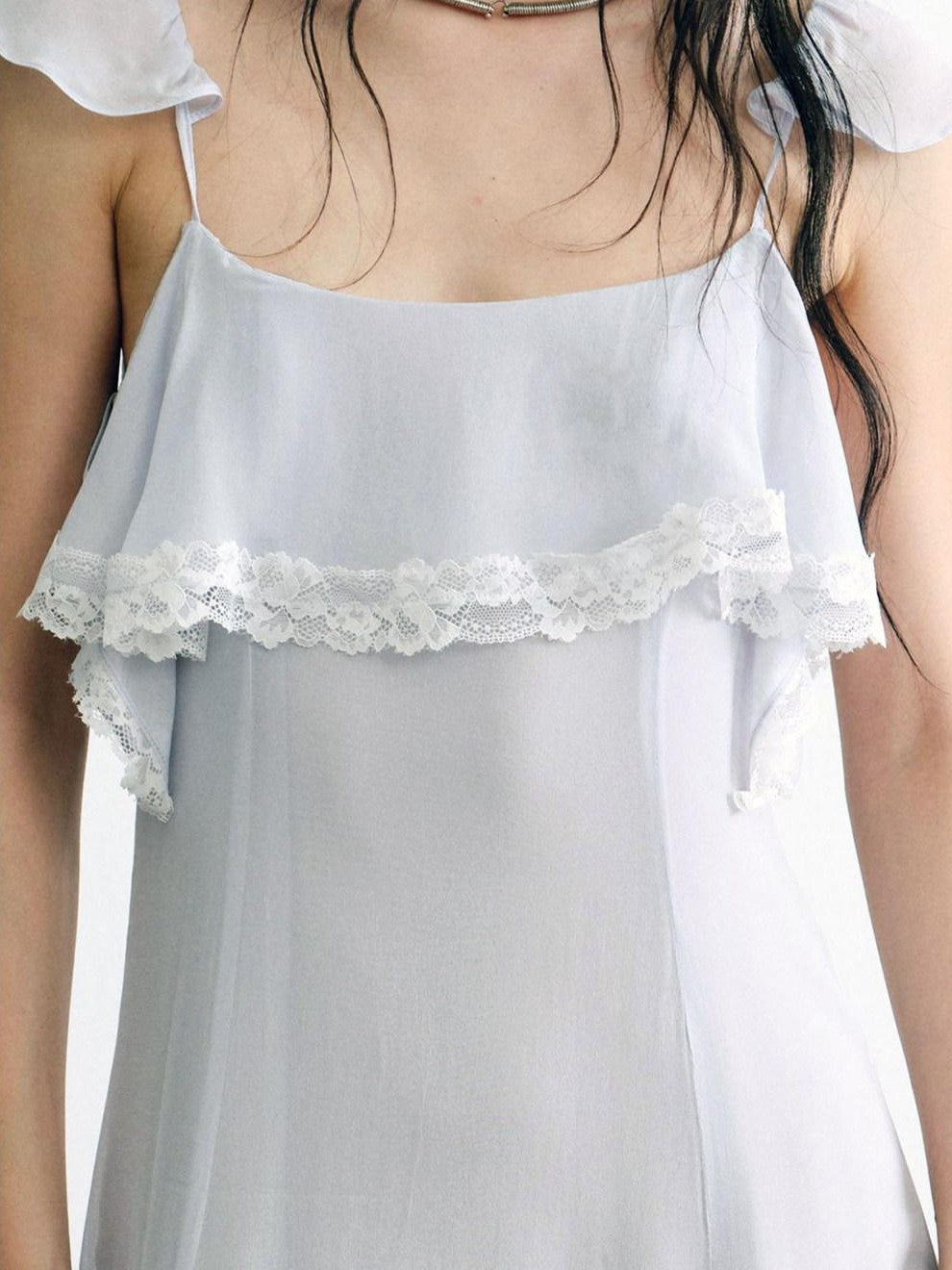ENDO PER SE Lace Flutter Sleeve Ruffle Asymmetrical Women's Cellulose Slip Maxi Dresses
