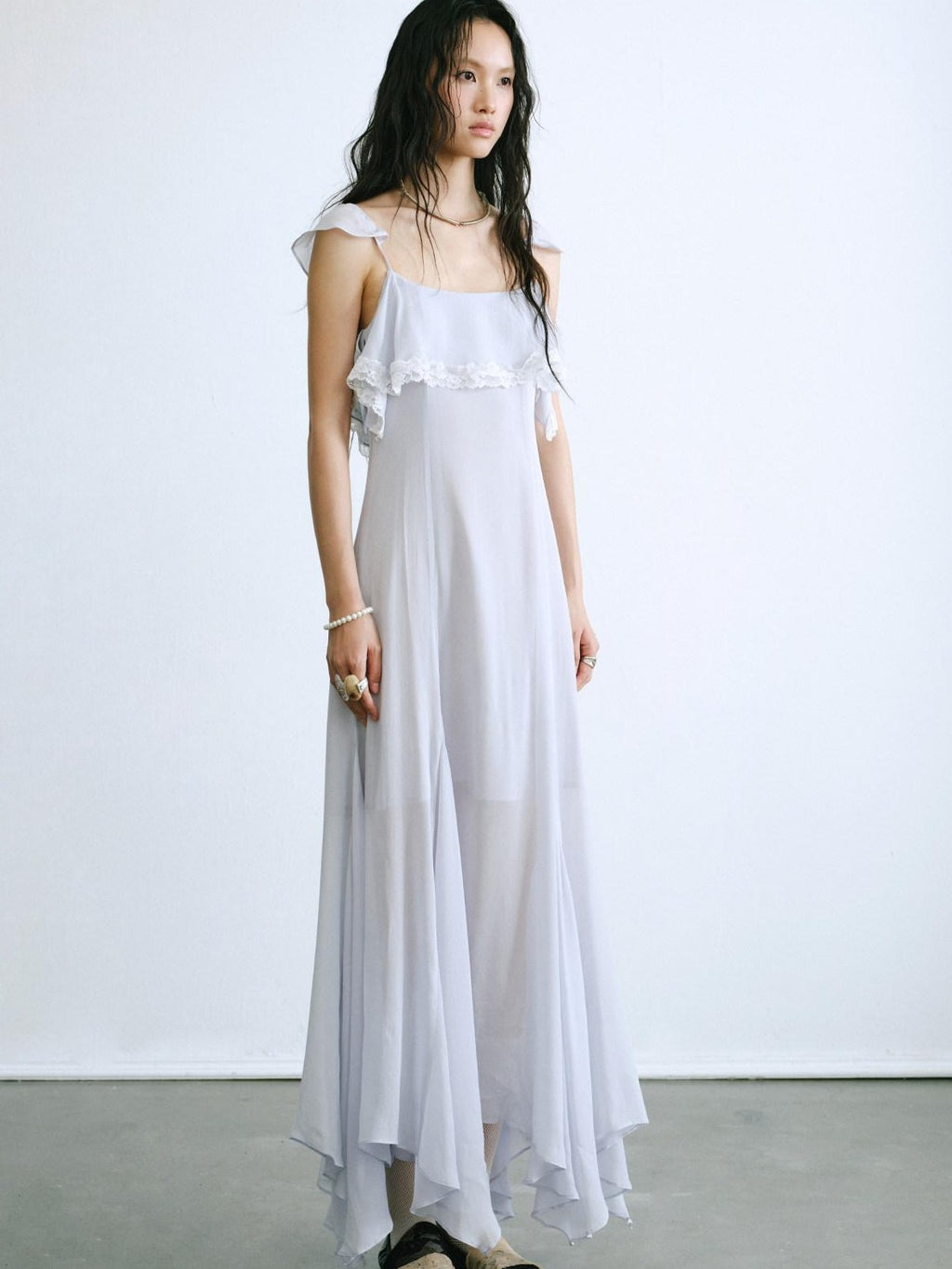 ENDO PER SE Lace Flutter Sleeve Ruffle Asymmetrical Women's Cellulose Slip Maxi Dresses