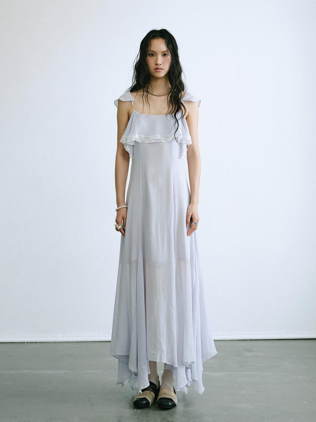 ENDO PER SE Lace Flutter Sleeve Ruffle Asymmetrical Women's Cellulose Slip Maxi Dresses