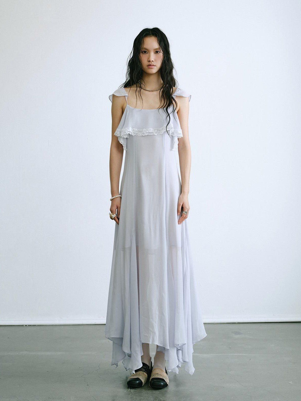 ENDO PER SE Lace Flutter Sleeve Ruffle Asymmetrical Women's Cellulose Slip Maxi Dresses