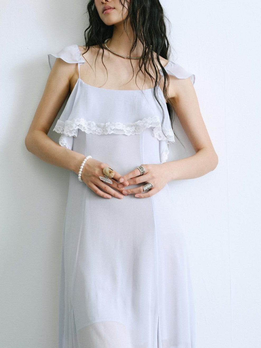 ENDO PER SE Lace Flutter Sleeve Ruffle Asymmetrical Women's Cellulose Slip Maxi Dresses