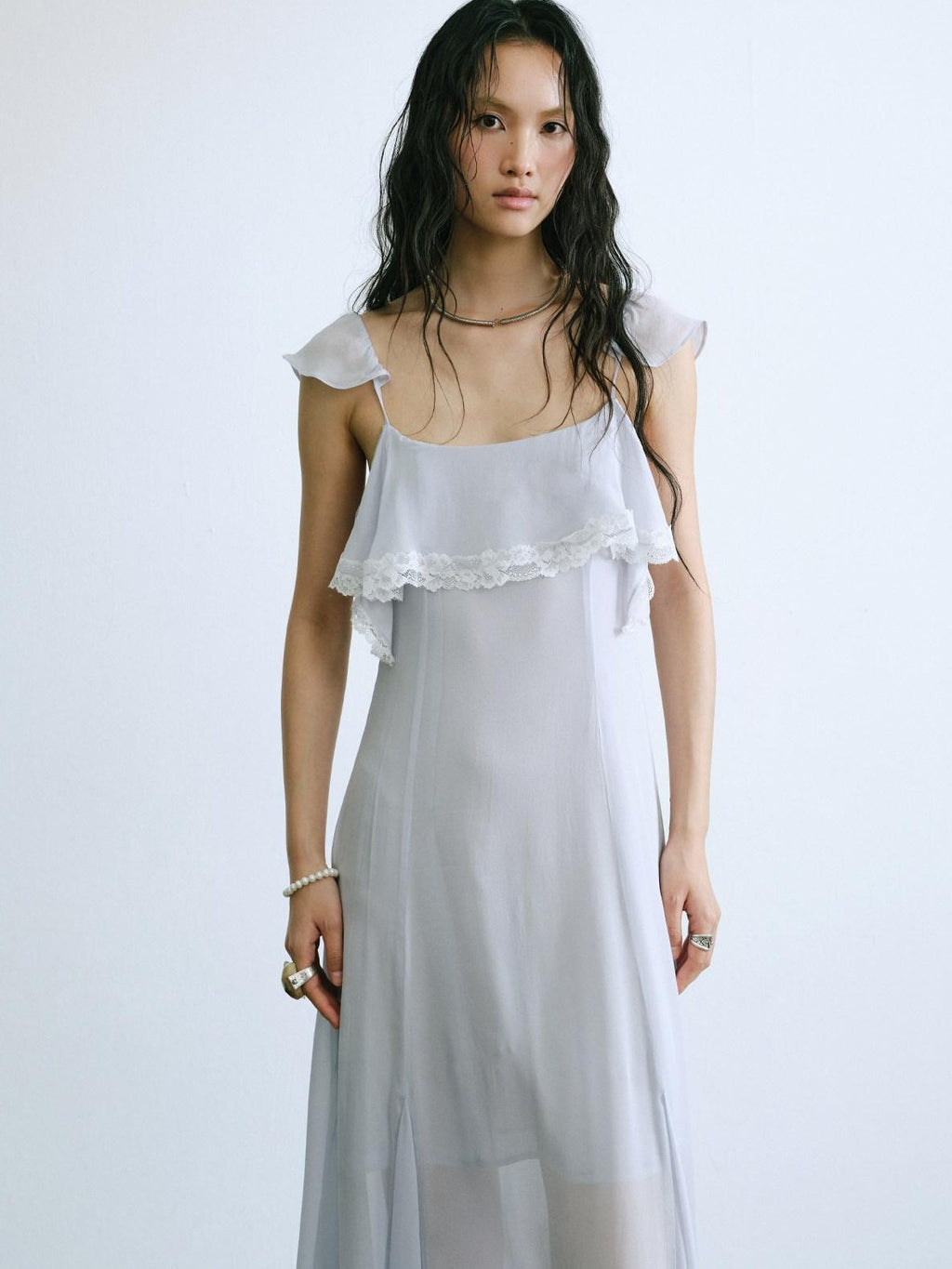 ENDO PER SE Lace Flutter Sleeve Ruffle Asymmetrical Women's Cellulose Slip Maxi Dresses