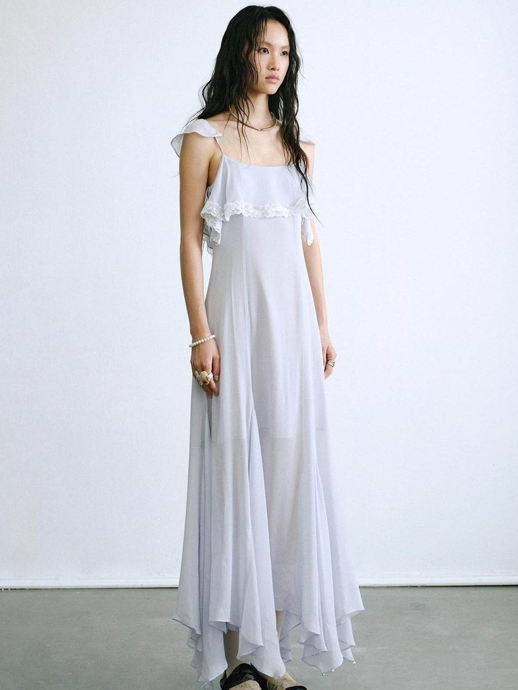 ENDO PER SE Lace Flutter Sleeve Ruffle Asymmetrical Women's Cellulose Slip Maxi Dresses