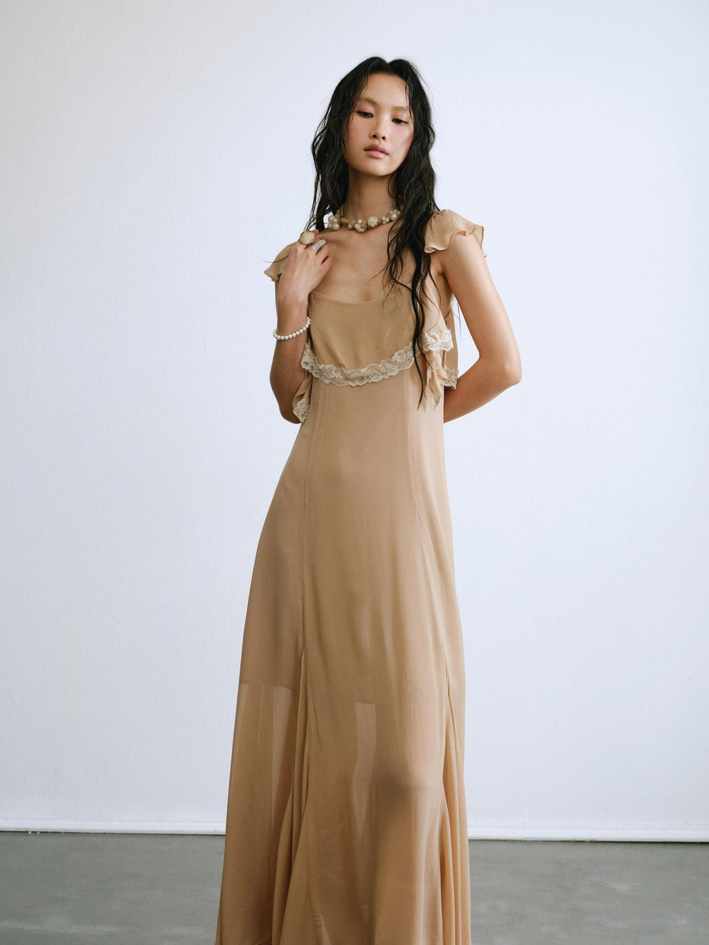 ENDO PER SE Lace Flutter Sleeve Ruffle Asymmetrical Women's Cellulose Slip Maxi Dresses