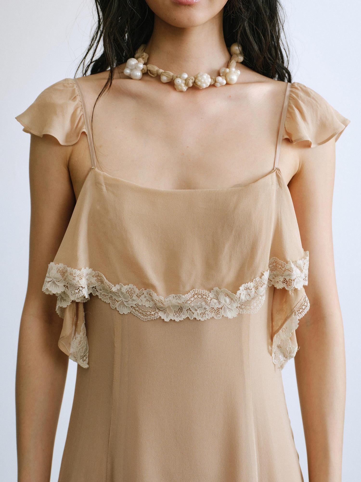 ENDO PER SE Lace Flutter Sleeve Ruffle Asymmetrical Women's Cellulose Slip Maxi Dresses