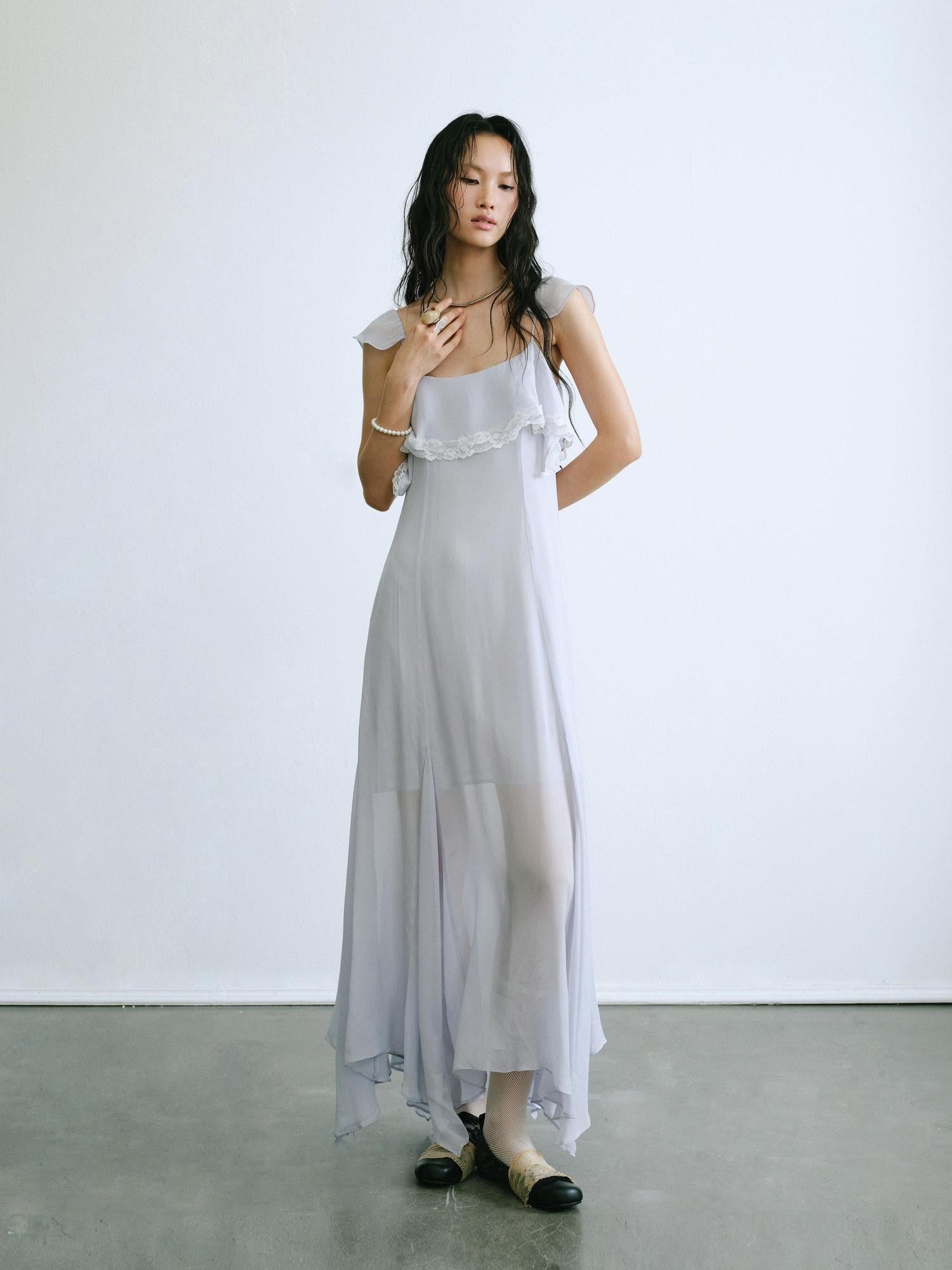 ENDO PER SE Lace Flutter Sleeve Ruffle Asymmetrical Women's Cellulose Slip Maxi Dresses