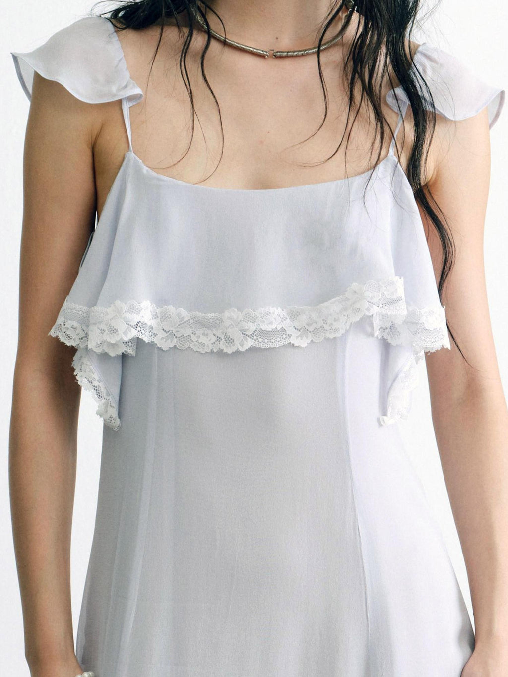 ENDO PER SE Lace Flutter Sleeve Ruffle Asymmetrical Women's Cellulose Slip Maxi Dresses