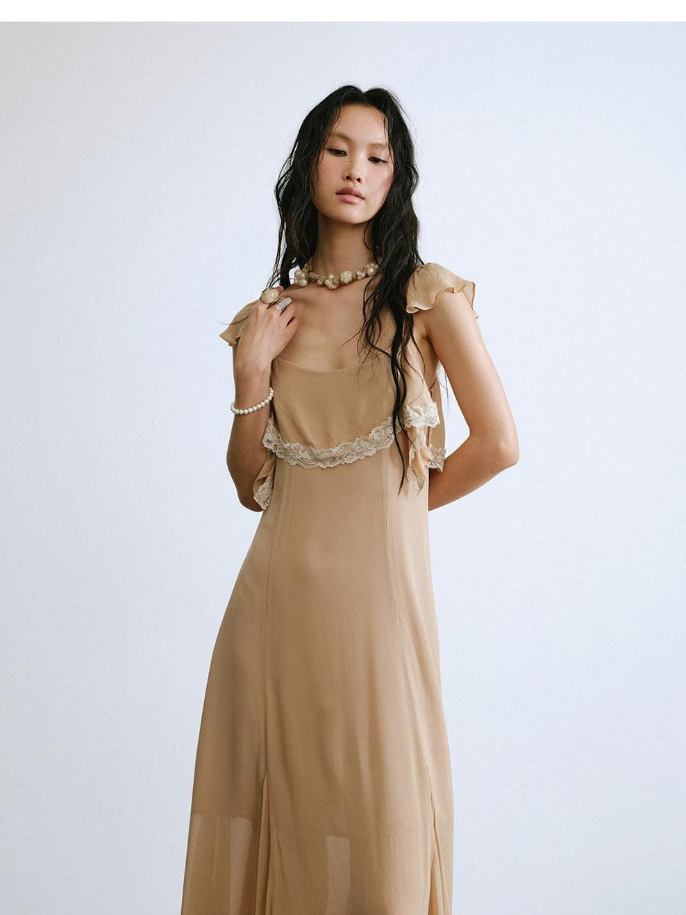 ENDO PER SE Lace Flutter Sleeve Ruffle Asymmetrical Women's Cellulose Slip Maxi Dresses