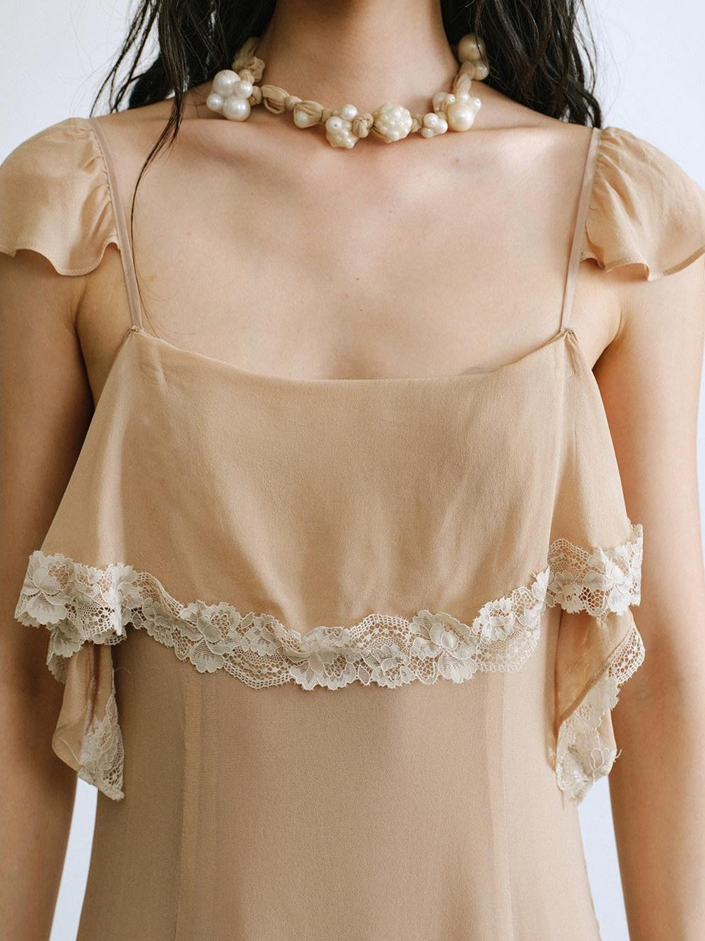 ENDO PER SE Lace Flutter Sleeve Ruffle Asymmetrical Women's Cellulose Slip Maxi Dresses