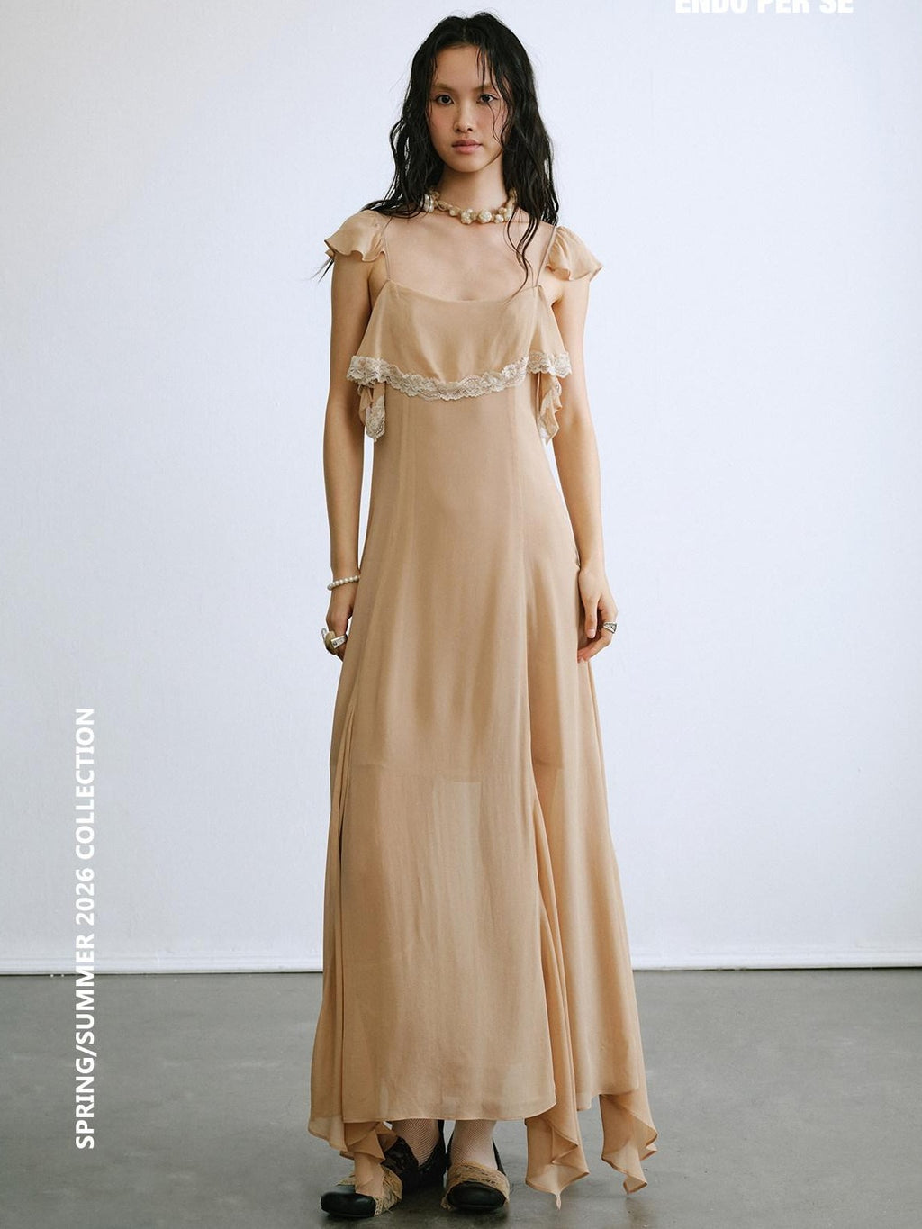 ENDO PER SE Lace Flutter Sleeve Ruffle Asymmetrical Women's Cellulose Slip Maxi Dresses