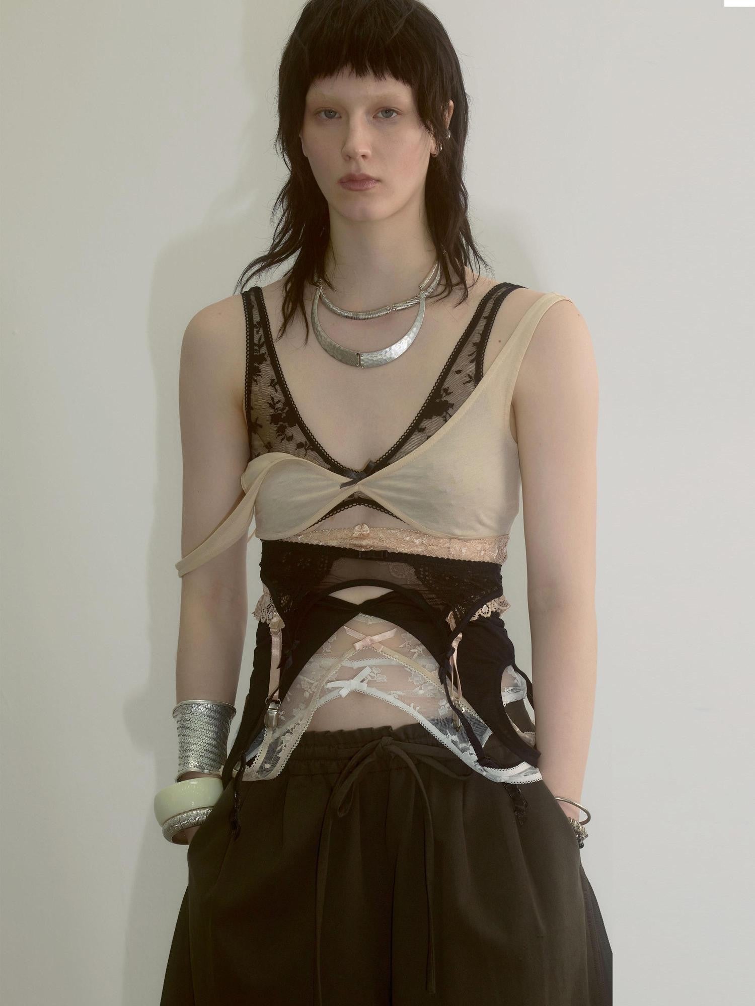 ENDO PER SE Layered Deconstructed Lace Spliced V-neck Strappy Women's Lace Corset Camisoles