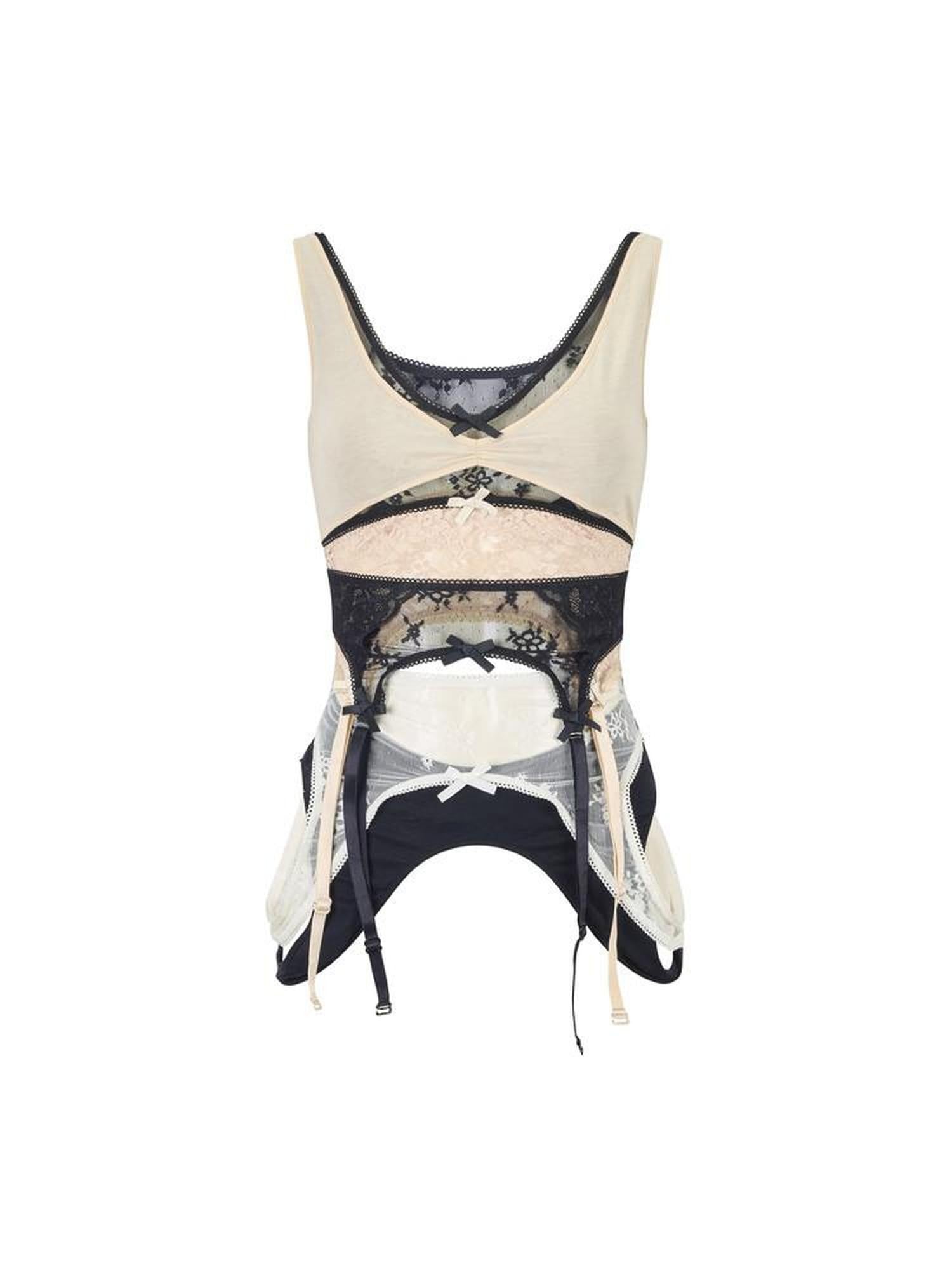 ENDO PER SE Layered Deconstructed Lace Spliced V-neck Strappy Women's Lace Corset Camisoles
