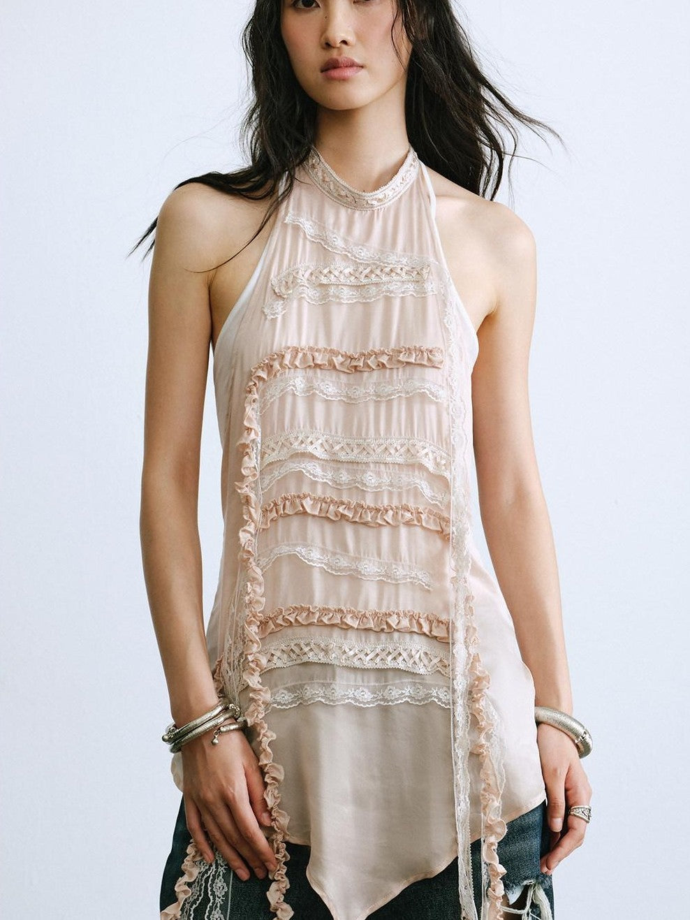 ENDO PER SE Layered Ribbon Patchwork Floral Strap Women's Lace Halter Tops