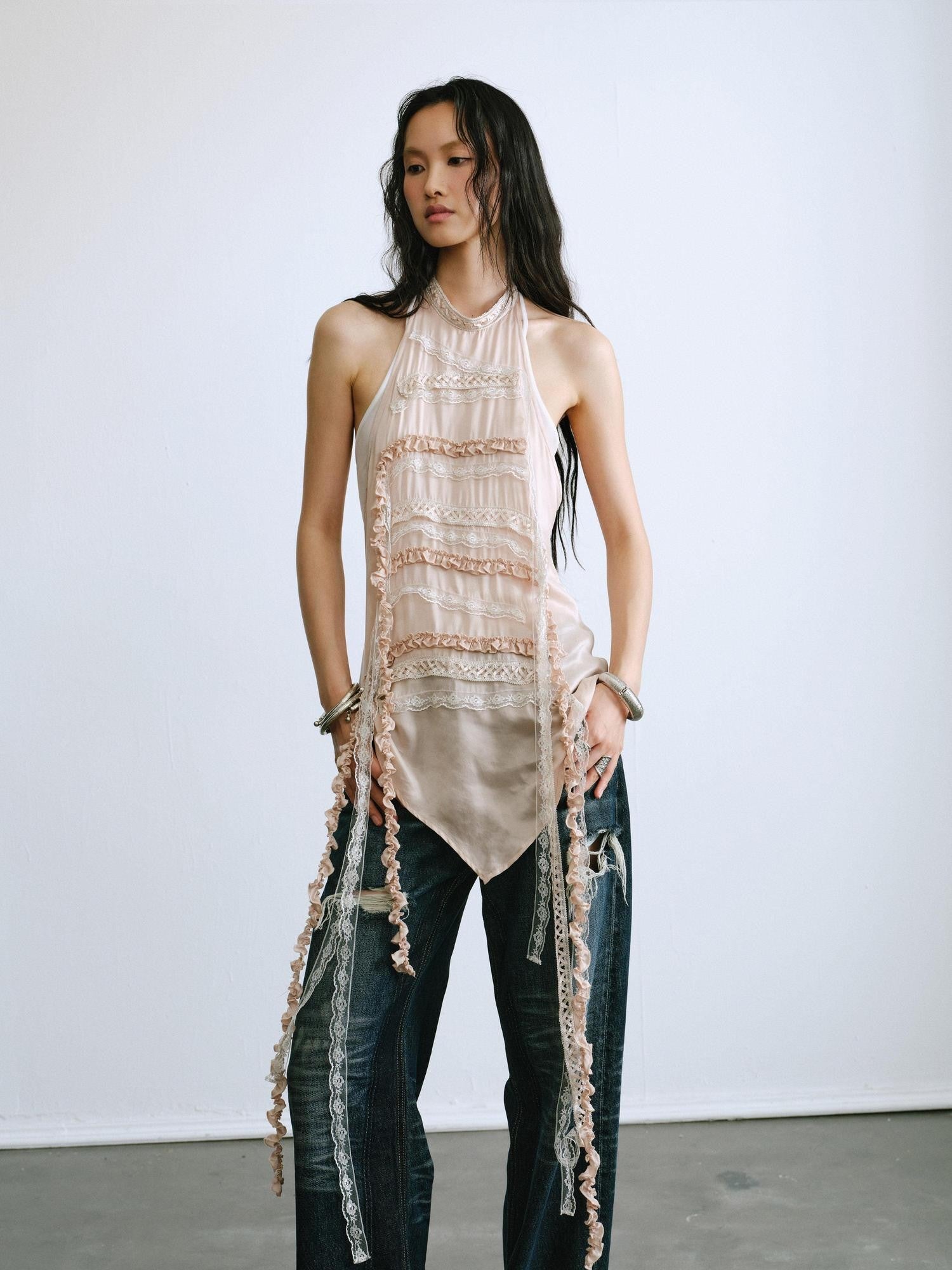 ENDO PER SE Layered Ribbon Patchwork Floral Strap Women's Lace Halter Tops