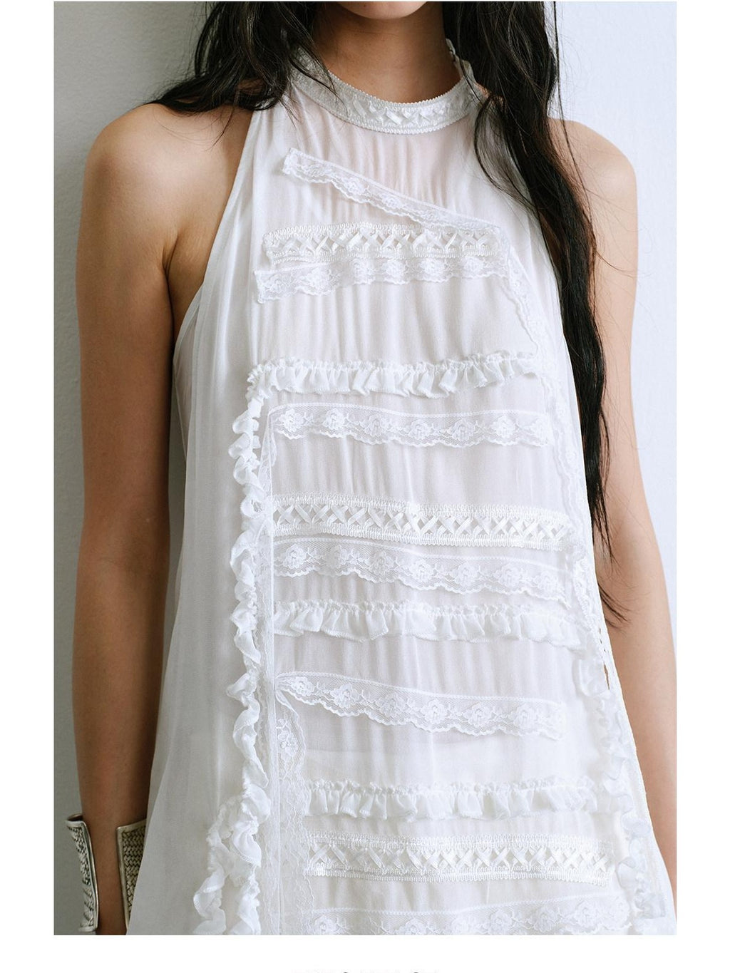 ENDO PER SE Layered Ribbon Patchwork Floral Strap Women's Lace Halter Tops
