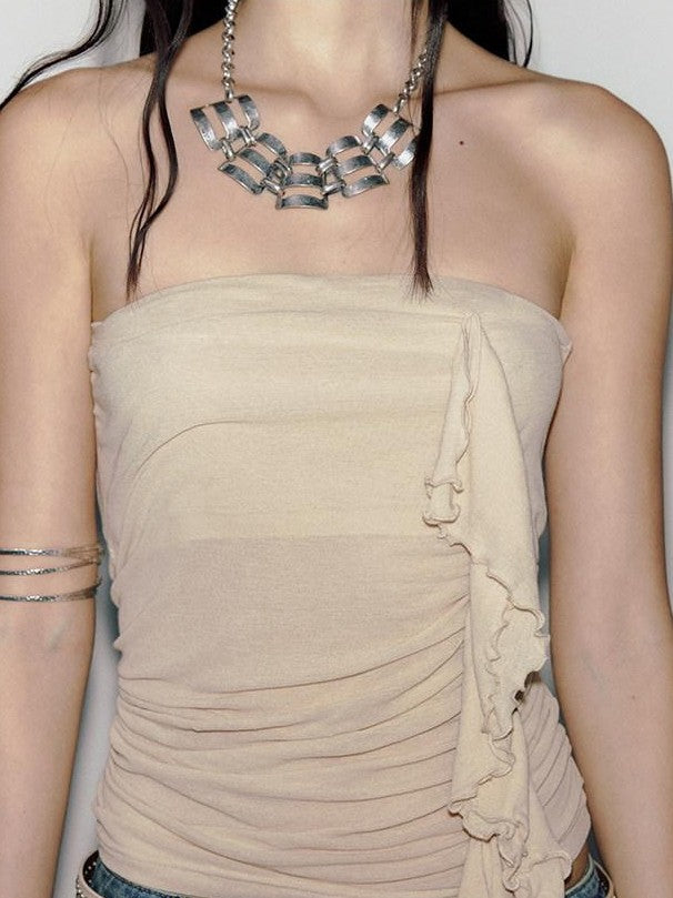 ENDO PER SE Oyster Pink Millennial Asymmetric Ruched Slim Strapless Women's Mesh Tube Tops