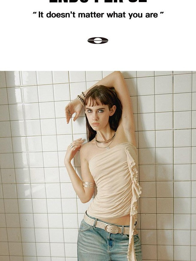 ENDO PER SE Oyster Pink Millennial Asymmetric Ruched Slim Strapless Women's Mesh Tube Tops