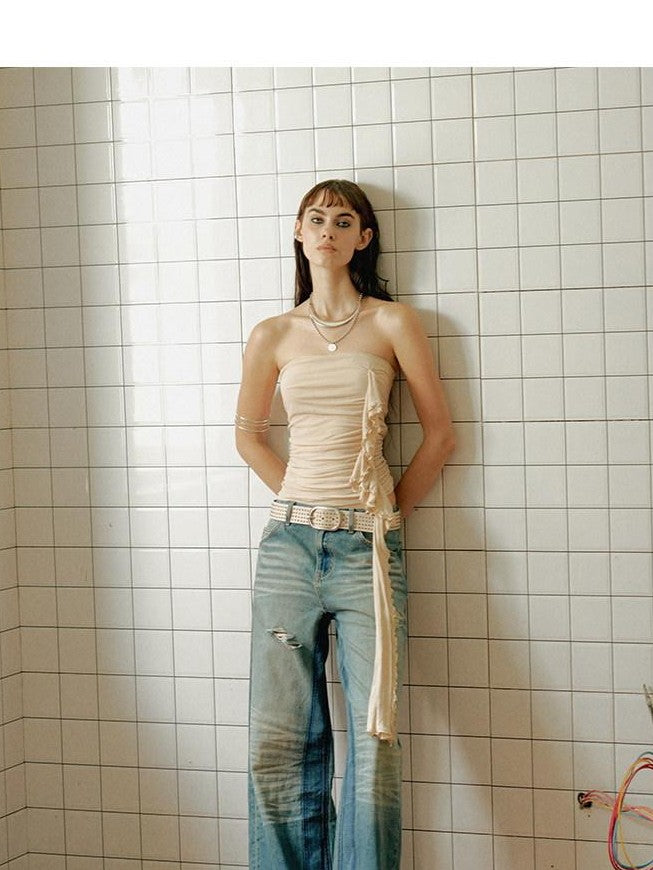 ENDO PER SE Oyster Pink Millennial Asymmetric Ruched Slim Strapless Women's Mesh Tube Tops