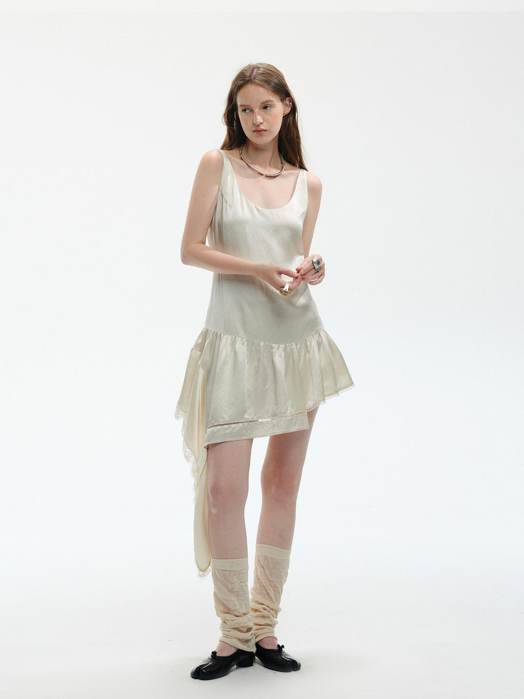 ENDO PER SE Pearl White Lace Asymmetric Ribbon Splice Women's Acetate Slip Midi Dresses