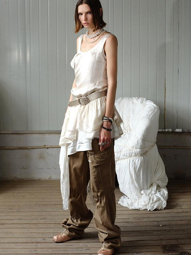 ENDO PER SE Pearl White Lace Asymmetric Ribbon Splice Women's Acetate Slip Midi Dresses