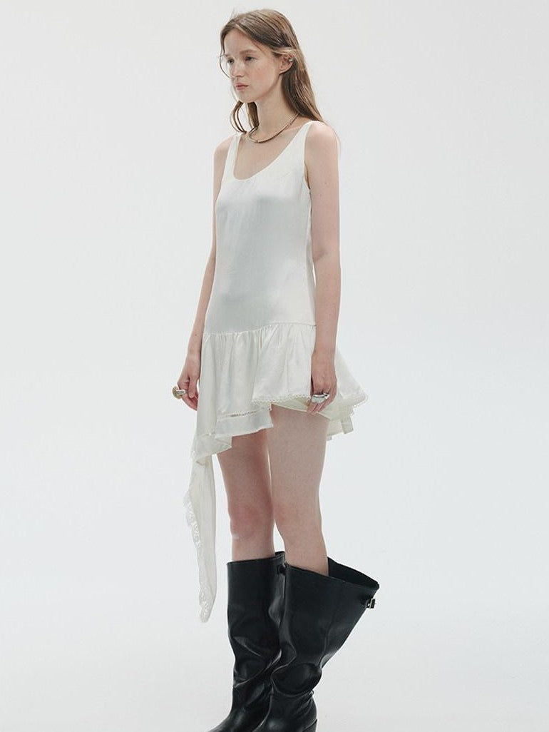 ENDO PER SE Pearl White Lace Asymmetric Ribbon Splice Women's Acetate Slip Midi Dresses