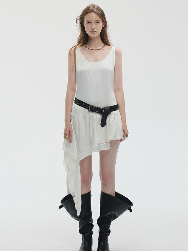 ENDO PER SE Pearl White Lace Asymmetric Ribbon Splice Women's Acetate Slip Midi Dresses