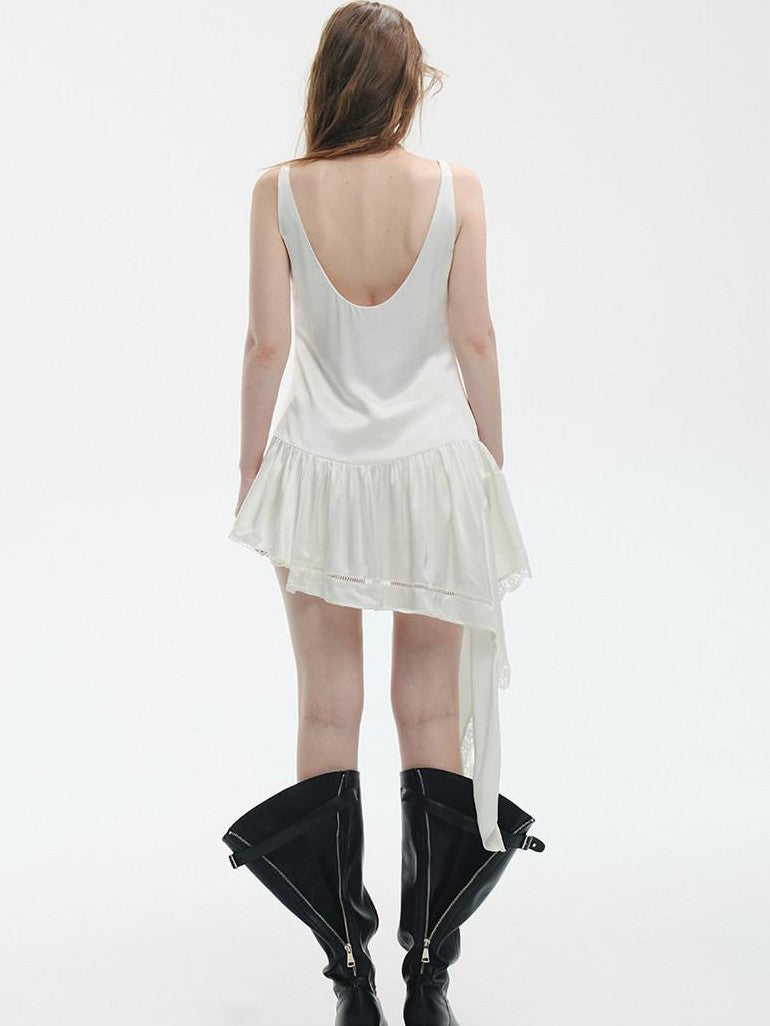 ENDO PER SE Pearl White Lace Asymmetric Ribbon Splice Women's Acetate Slip Midi Dresses