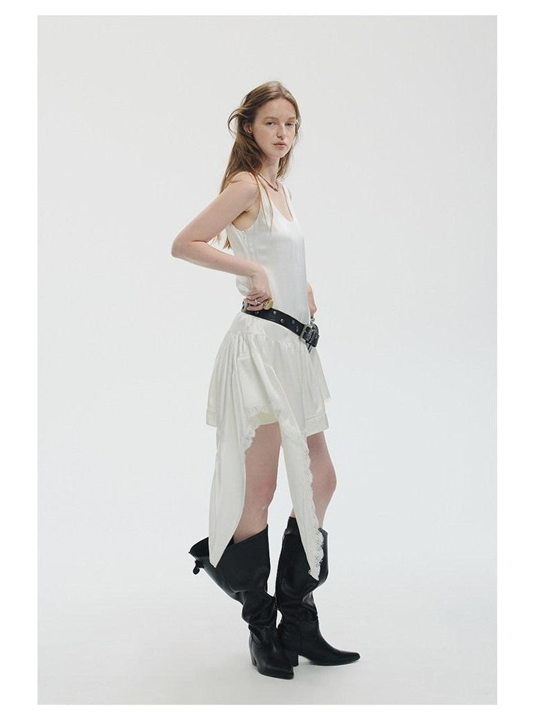 ENDO PER SE Pearl White Lace Asymmetric Ribbon Splice Women's Acetate Slip Midi Dresses