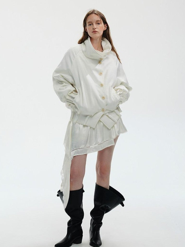 ENDO PER SE Pearl White Lace Asymmetric Ribbon Splice Women's Acetate Slip Midi Dresses