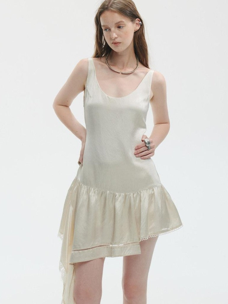 ENDO PER SE Pearl White Lace Asymmetric Ribbon Splice Women's Acetate Slip Midi Dresses