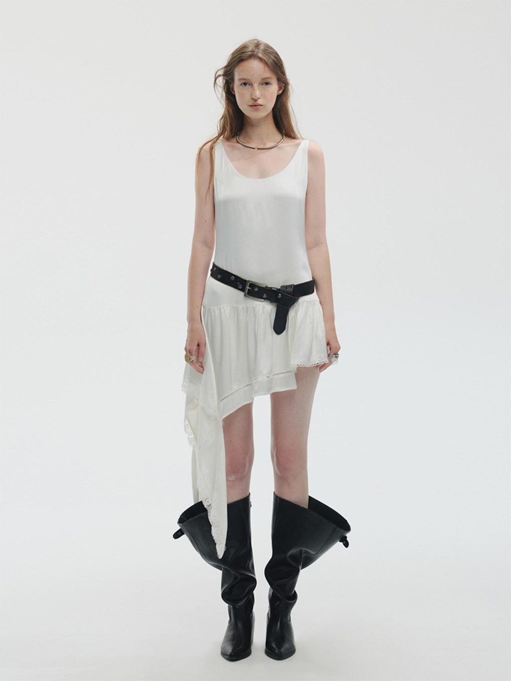 ENDO PER SE Pearl White Lace Asymmetric Ribbon Splice Women's Acetate Slip Midi Dresses
