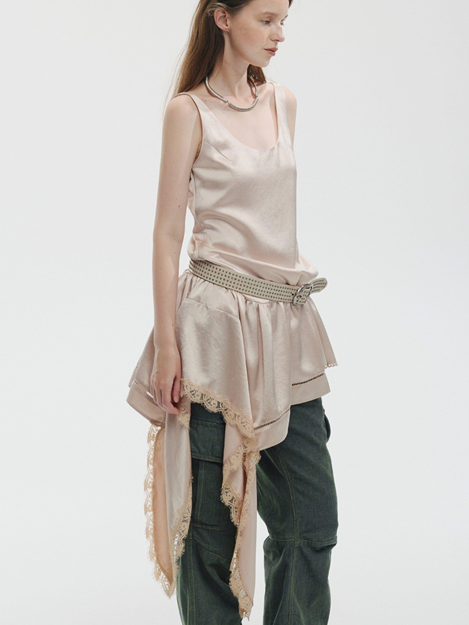 ENDO PER SE Pearl White Lace Asymmetric Ribbon Splice Women's Acetate Slip Midi Dresses