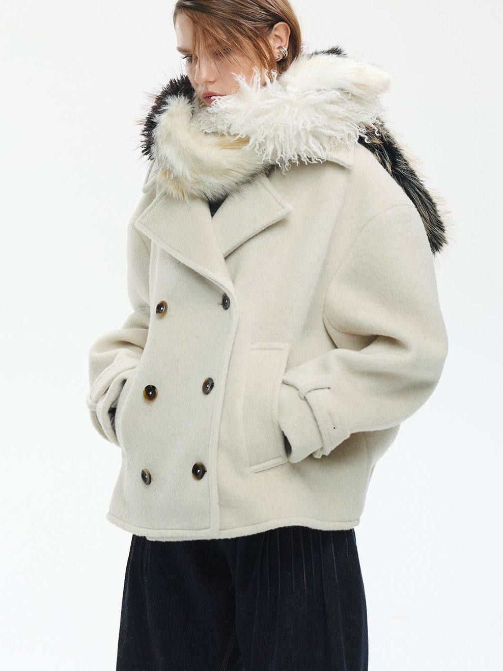 ENDO PER SE Pleated Double Faced Wool Women's Double-breasted Coats