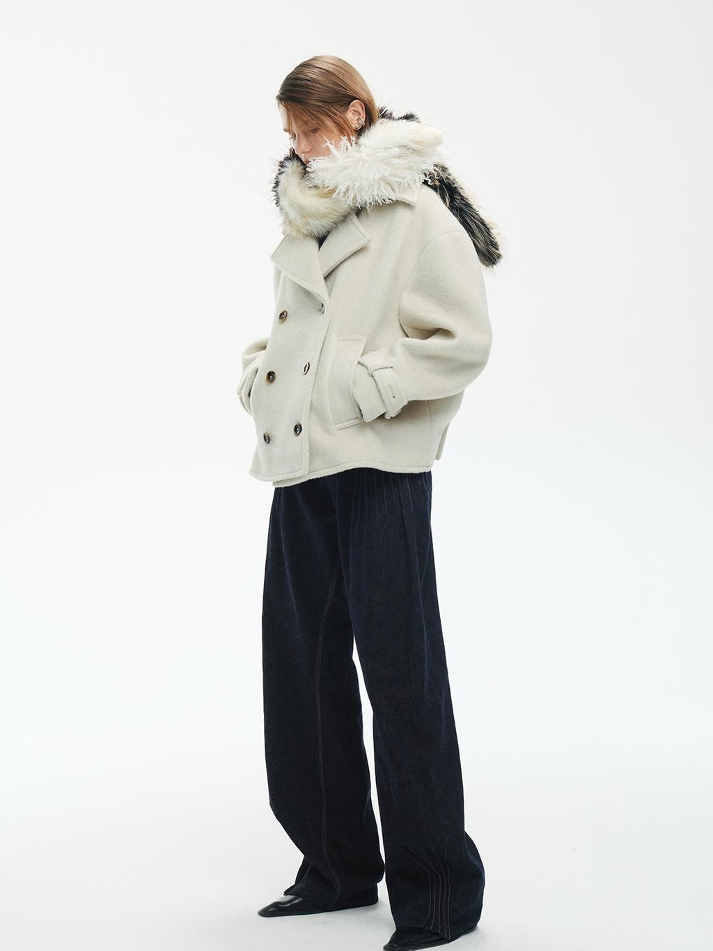 ENDO PER SE Pleated Double Faced Wool Women's Double-breasted Coats