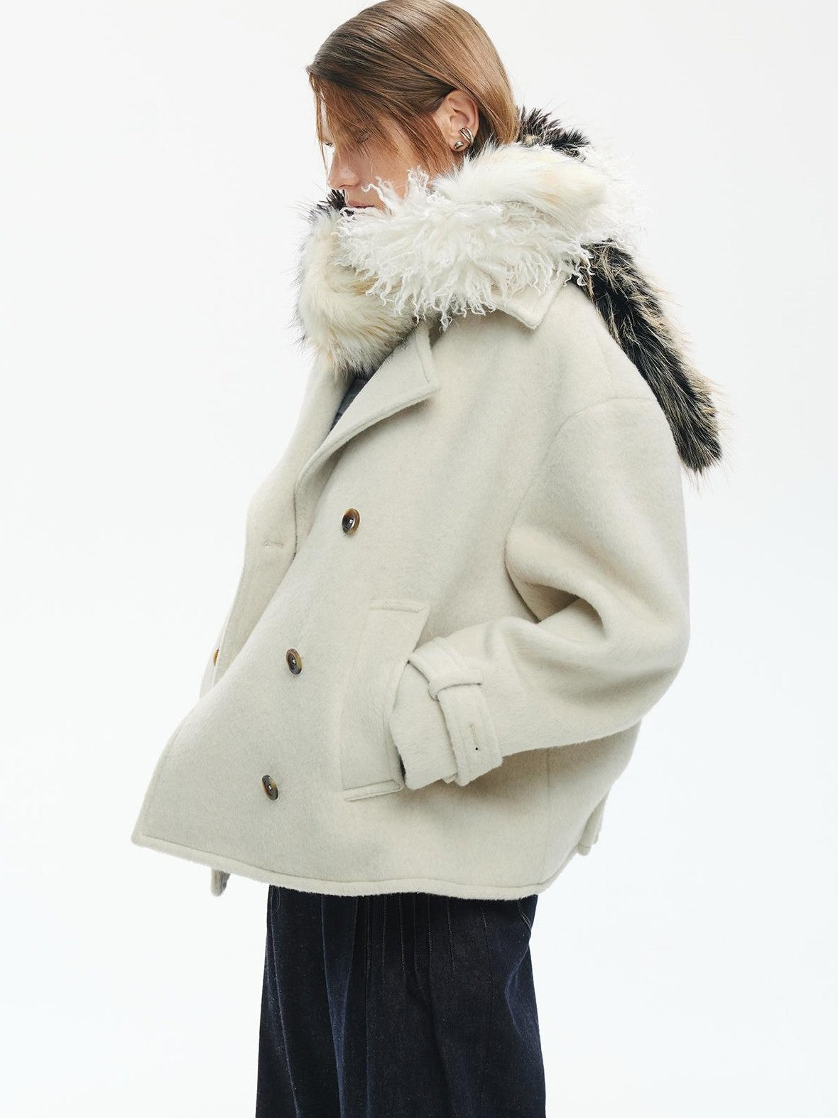 ENDO PER SE Pleated Double Faced Wool Women's Double-breasted Coats