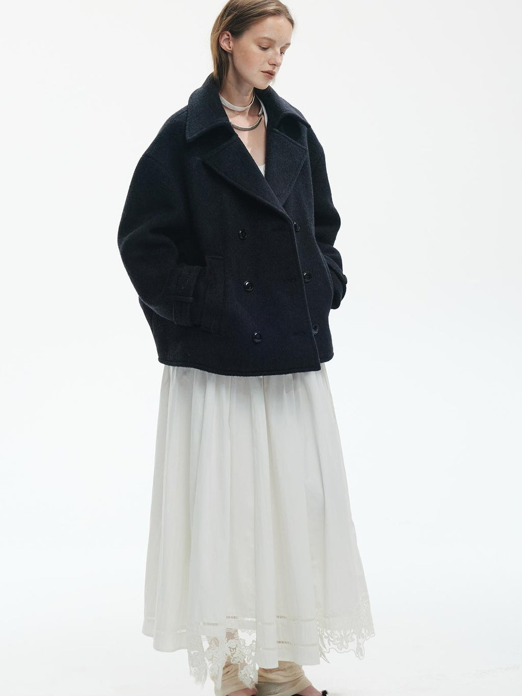 ENDO PER SE Pleated Double Faced Wool Women's Double-breasted Coats