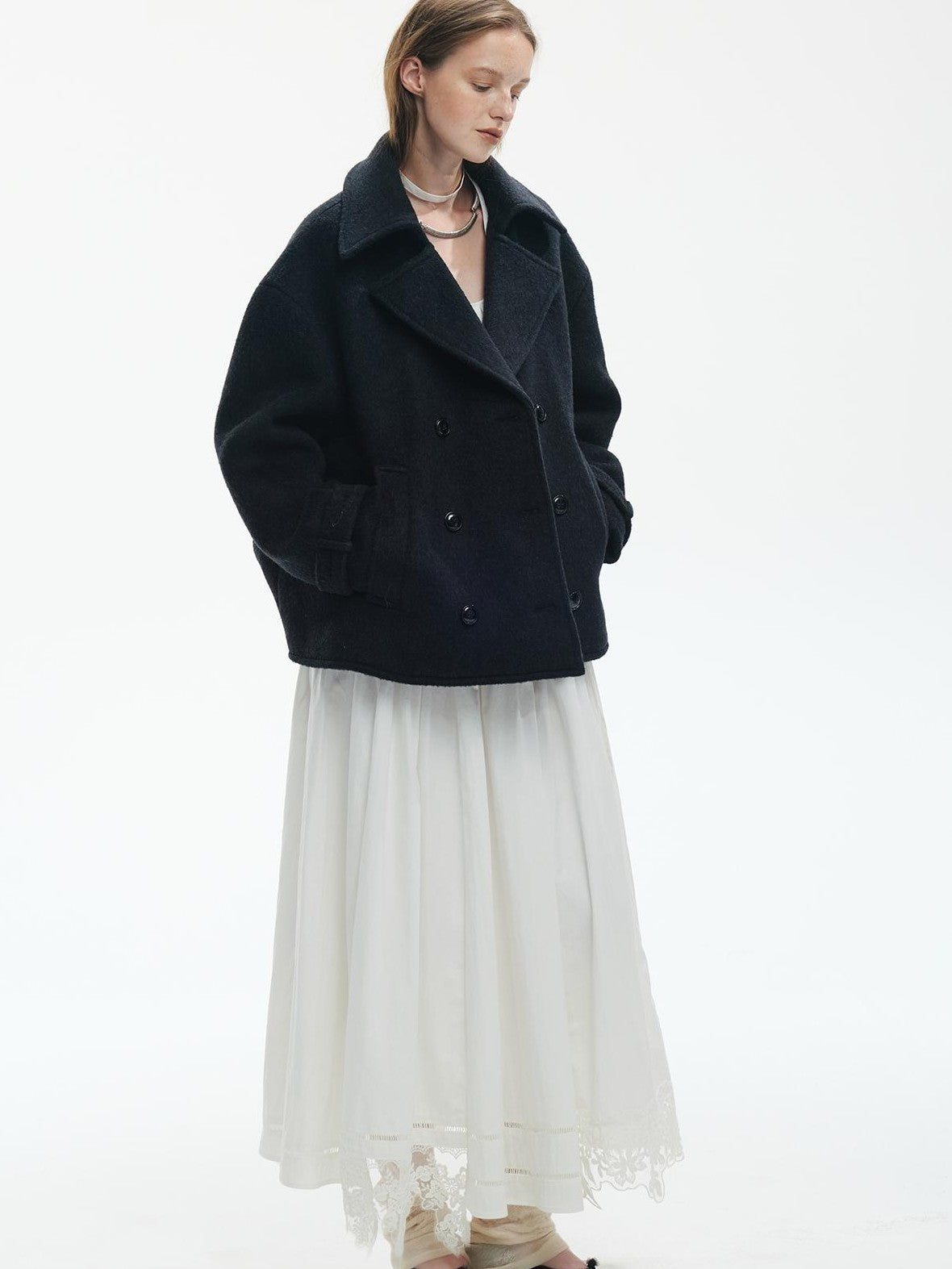 ENDO PER SE Pleated Double Faced Wool Women's Double-breasted Coats