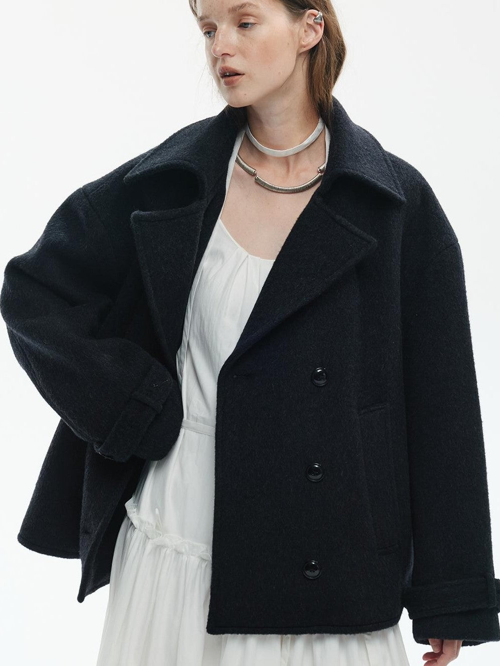 ENDO PER SE Pleated Double Faced Wool Women's Double-breasted Coats