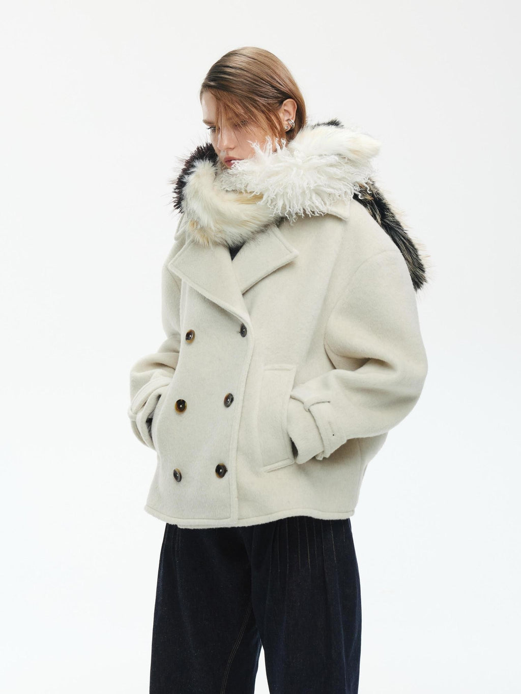 ENDO PER SE Pleated Double Faced Wool Women's Double-breasted Coats
