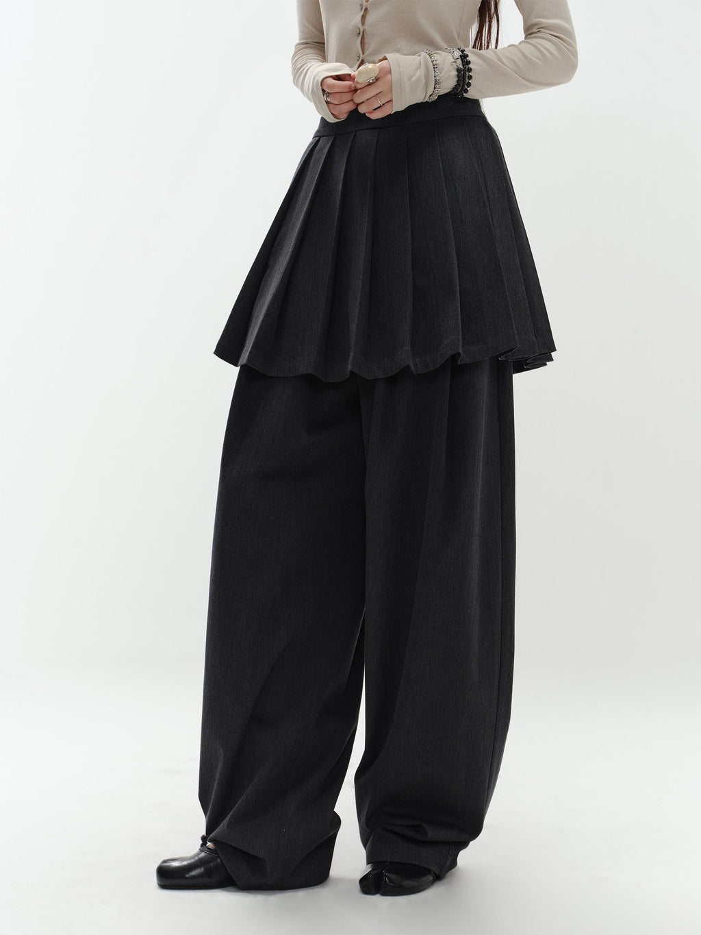 ENDO PER SE Pleated Preppy Style Women's Polyester Wide-leg Pants