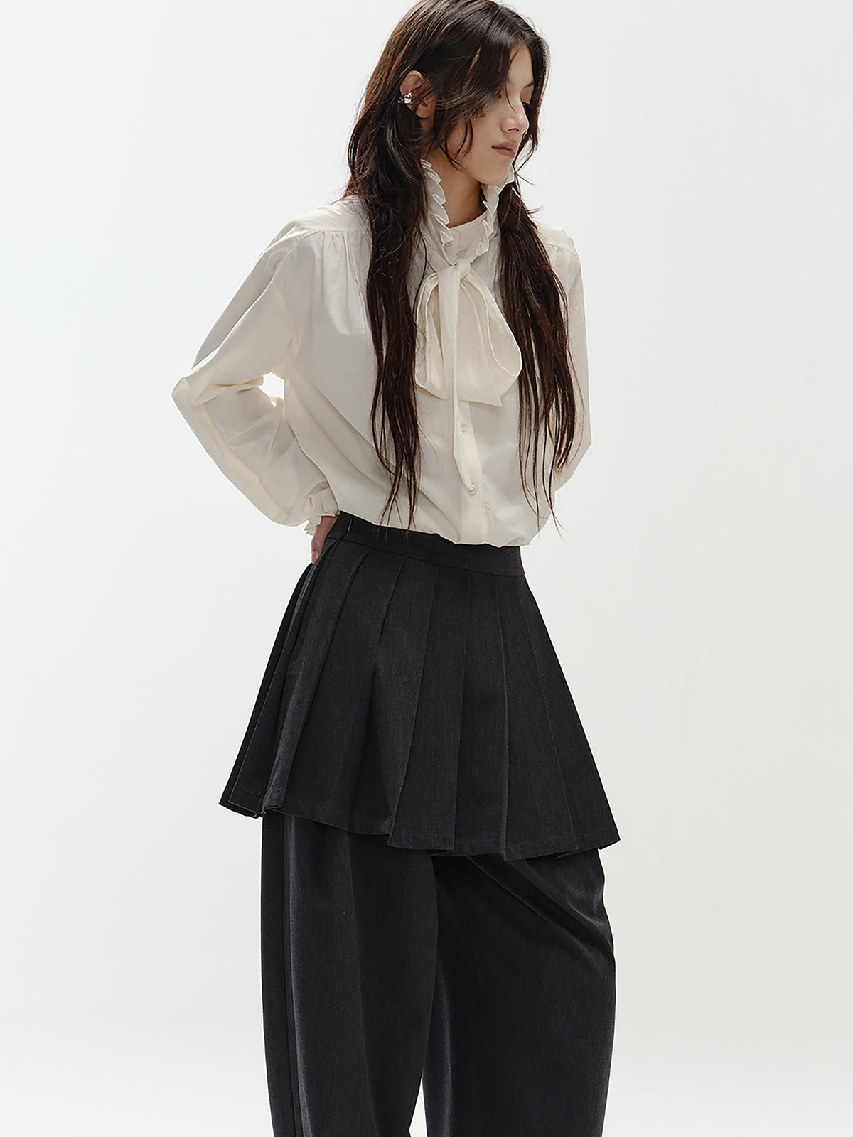 ENDO PER SE Pleated Preppy Style Women's Polyester Wide-leg Pants