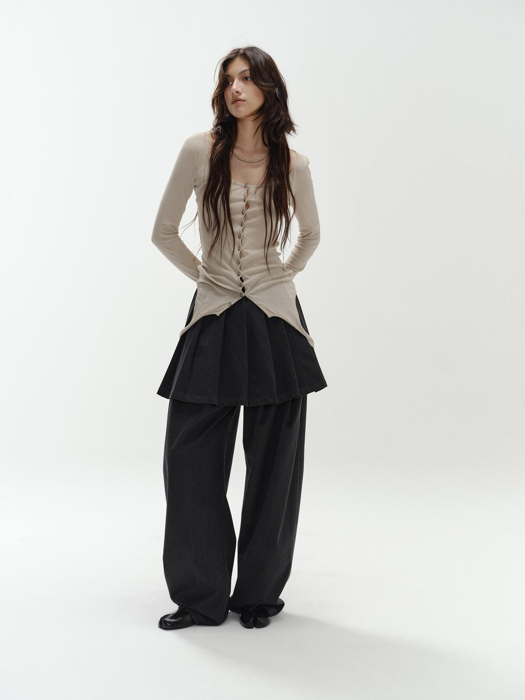 ENDO PER SE Pleated Preppy Style Women's Polyester Wide-leg Pants