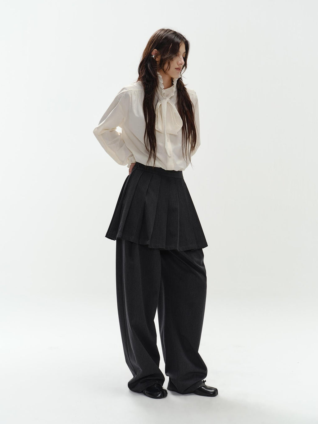 ENDO PER SE Pleated Preppy Style Women's Polyester Wide-leg Pants