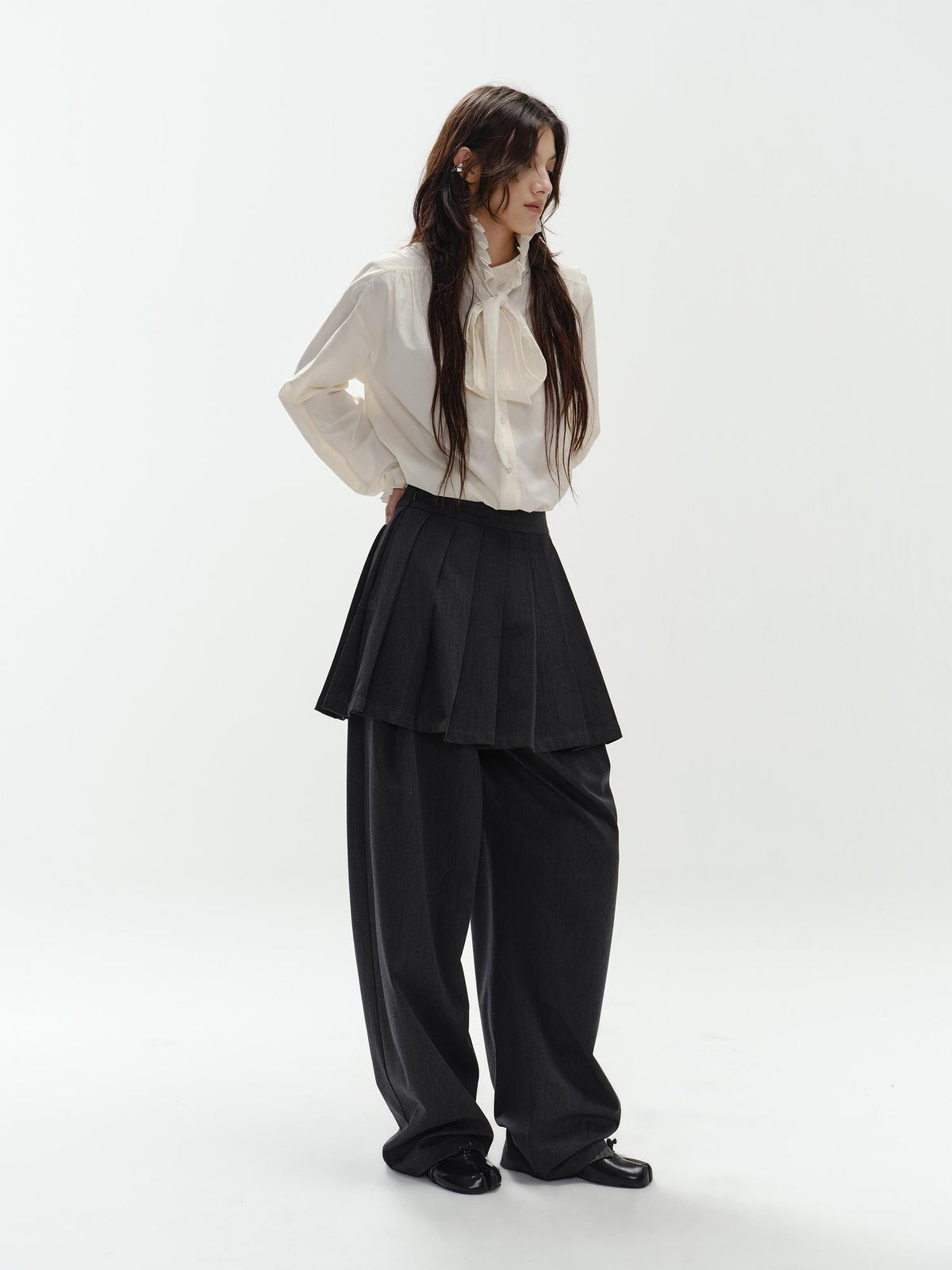 ENDO PER SE Pleated Preppy Style Women's Polyester Wide-leg Pants