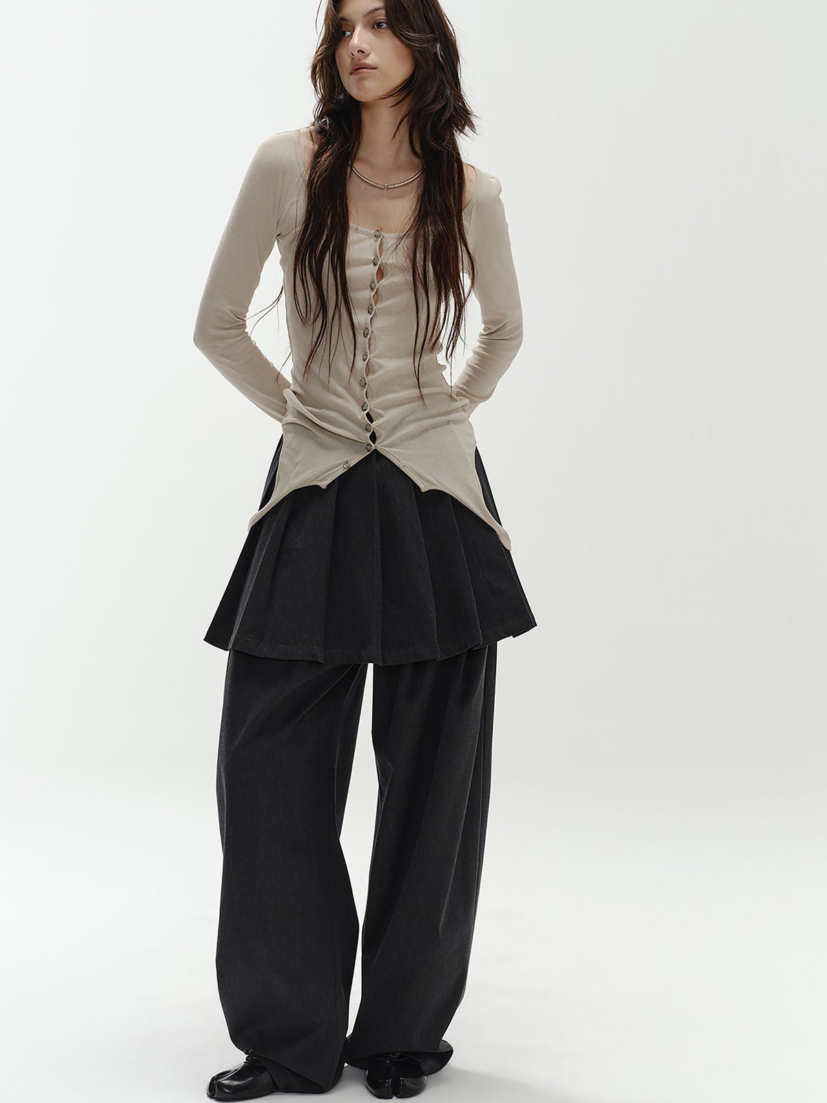 ENDO PER SE Pleated Preppy Style Women's Polyester Wide-leg Pants