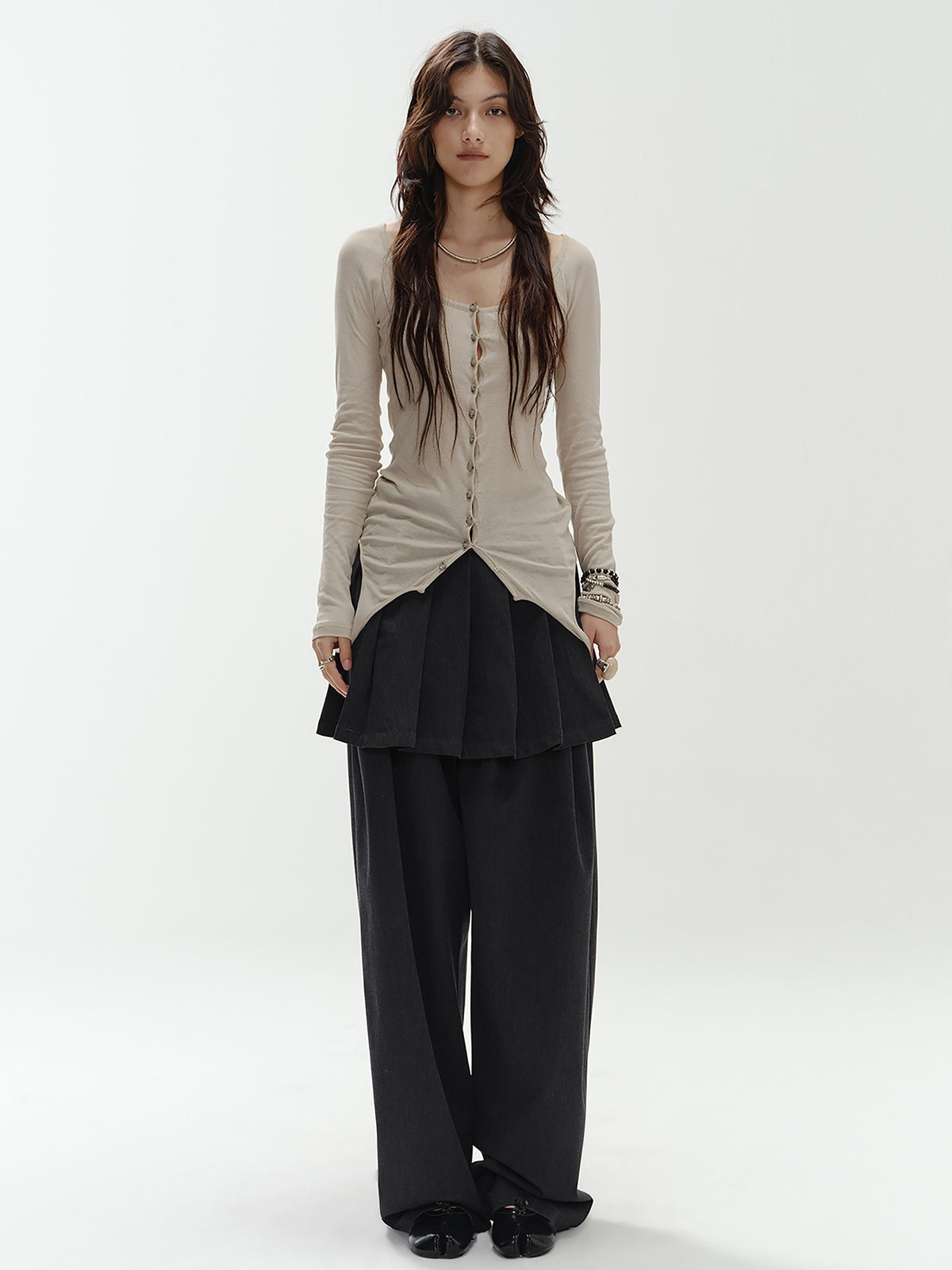ENDO PER SE Pleated Preppy Style Women's Polyester Wide-leg Pants
