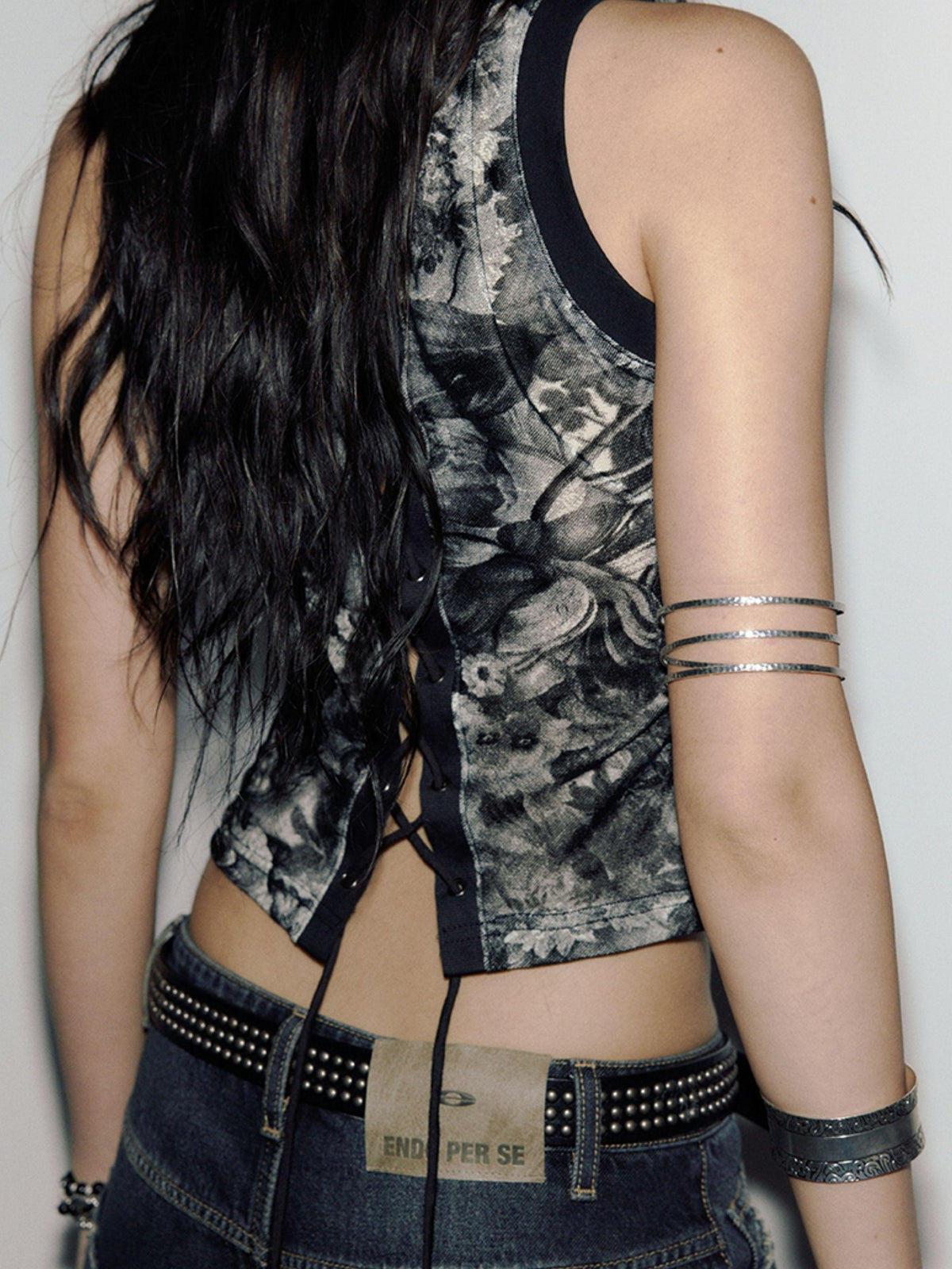 ENDO PER SE Punk Embroidered Print Open Back Lace Up Women's Polyester Tank Tops