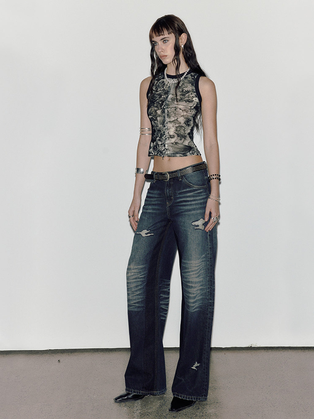 ENDO PER SE Punk Embroidered Print Open Back Lace Up Women's Polyester Tank Tops