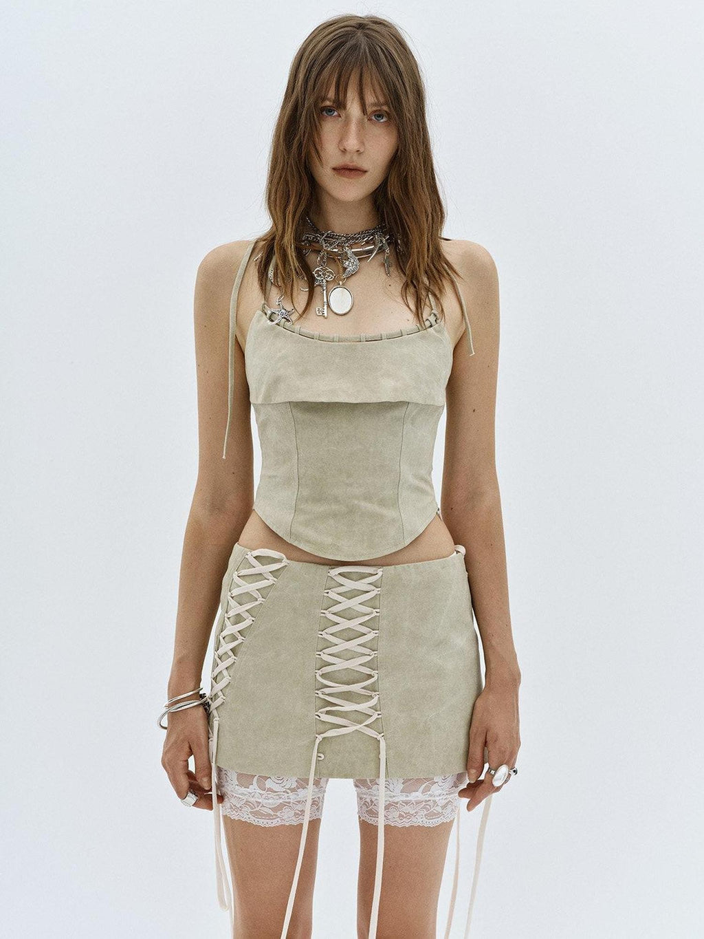 ENDO PER SE Punk Lace Up Low Waist Bodycon Women's Cotton Plain Weave Mini Skirts